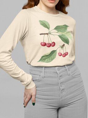 Wild Cherry Vintage Botanical Print Long Sleeve Graphic Tee T-shirt S-XXL